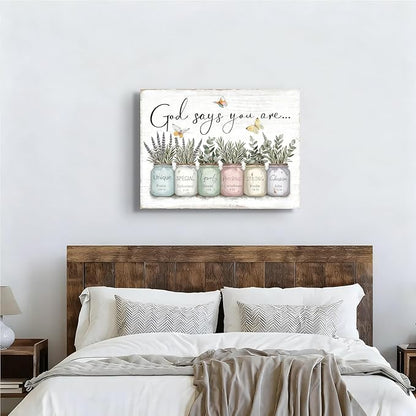 Inspirational Bible Verse Wall Art God Says You Are Sayings Wall Decort Christian Gift Quotes Painting scripture Pictures Print Flowers in Mason Jar Poster for Women Girls Bedroom(24x16 Canvas)