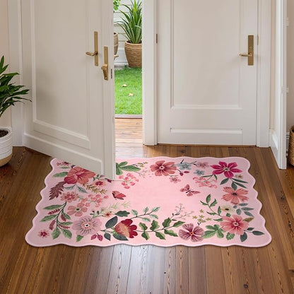 Lahome Floral Washable Entryway Rug, 2X3 Soft Kitchen Rugs Non-Slip, Ultra-Thin Door Mat Indoor Entrance Stain Resistant Boho Small Throw Carpet for Bathroom Bedroom Entry Flore, Pink