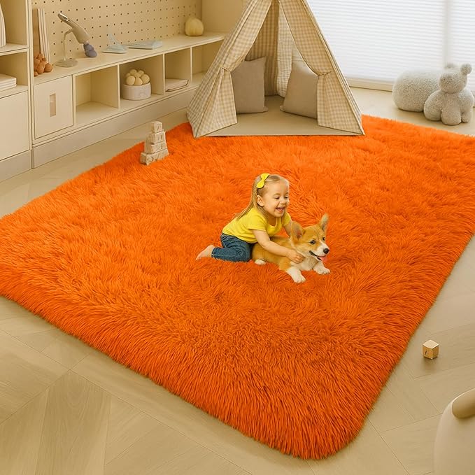 Large 9x12 Area Rug for Living Room, Soft Shag Rugs for Bedroom, Non-Slip Ultra Fluffy Rug,Modern Plush Carpet for Girls Boys Kids Room Dorm,Fuzzy Rug for Home Decor Aesthetic,Orange