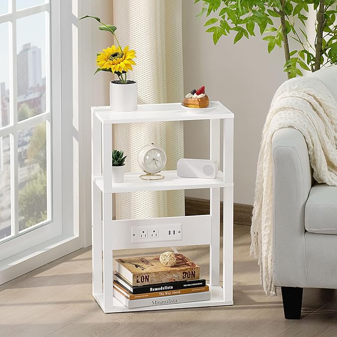 YUFAM 3-Tier Small Narrow Wood Side Table Set of 2 with Charging Station - Skinny Nightstand for Small Spaces, Slim Bedside Table with USB Ports and Outlets - Thin End Table with Storage, White