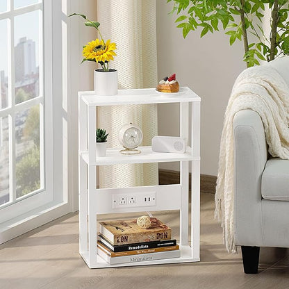 YUFAM 3-Tier Small Narrow Wood Side Table Set of 2 with Charging Station - Skinny Nightstand for Small Spaces, Slim Bedside Table with USB Ports and Outlets - Thin End Table with Storage, White