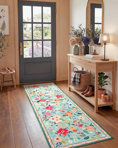 Macgace 2x8 Floral Runner Rug, Flowers Printed Washable Rugs with Non Slip Backing for Girls Bedroom Kitchen Hallway,Cute Carpet Runners Home Aesthetic Decor, Light Green