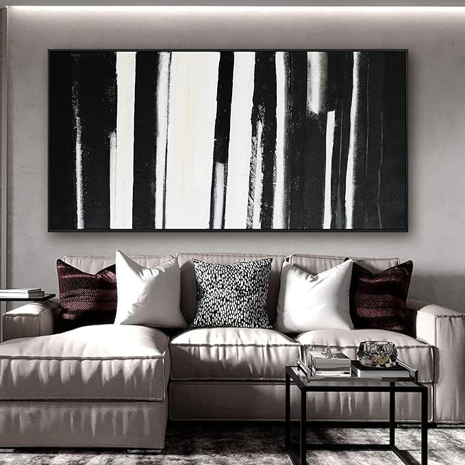 Framed Abstract Canvas Wall Art - Large Minimalist Stripes Black & White - Modern Wall Decor for Living Room, Bedroom, Kitchen & Office - 29"58"