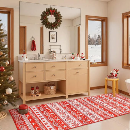 2x8 Hallway Runner Rug, Washable Non Slip Snowflake Print Design, Entryway Vintage Soft Kitchen Laundry Runner Rugs, Indoor Farmhouse Home Decor Carpet for Living Room Bedroom Dining Room, Red