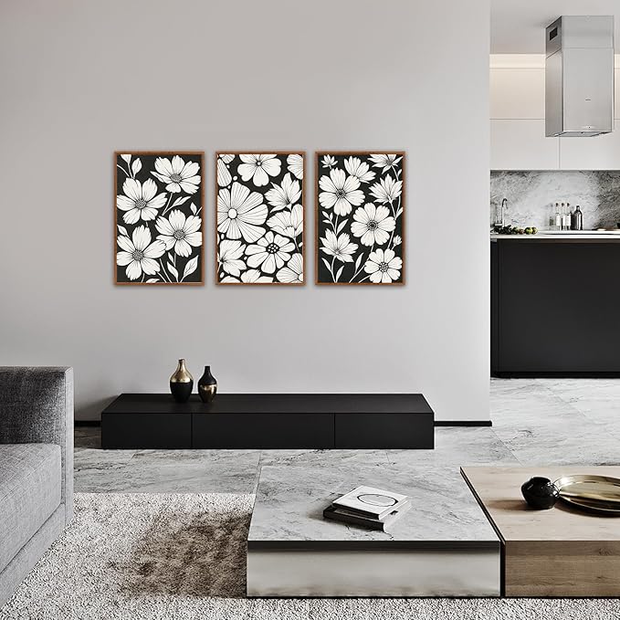 HLNIUC Vintage Floral Wall Art Canvas,Modern Black White Flower Artwork,Neutral Wildflower Wall Art Framed,Miinimalist Plant Painting,Retor Botanical Framed Decor for Living Room Bedroom Home-16x24x3