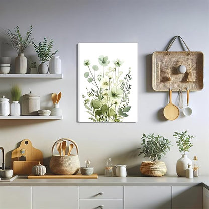 Boho Floral Canvas Wall Art Set of 3, Sage Green Wildflower Botanical Wall Decor Painting, Minimalist Watercolor Flowers Posters Prints for Bedroom Bathroom Living Room 12x16 In Framed