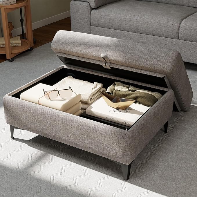 Upvilla 35" Large Storage Ottoman for Living Room, 7.8" Deep Seat Rectangular Ottoman Foot Rest for Couch, Chenille Storage Footstool Load 350 lb （Light Gray