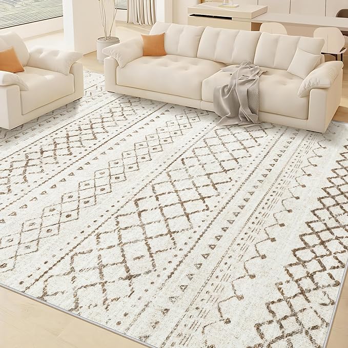 Area Rug for Living Room 6x9: Large Washable Boho Moroccan Rugs Geometric Neutral Rug, Non-Slip Foldable Morden Farmhouse Indoor Floor Carpet for Bedroom Dining Table Home(Brown,6X9)