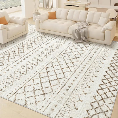 Area Rug for Living Room 6x9: Large Washable Boho Moroccan Rugs Geometric Neutral Rug, Non-Slip Foldable Morden Farmhouse Indoor Floor Carpet for Bedroom Dining Table Home(Brown,6X9)