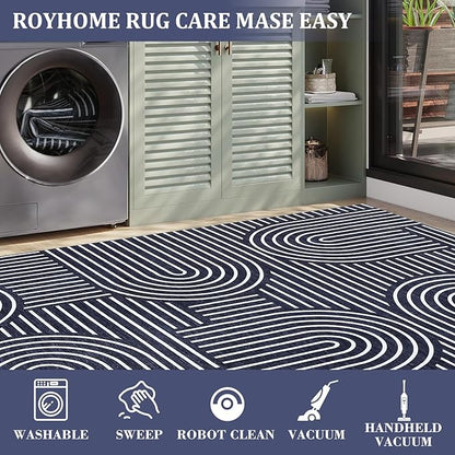 ROYHOME Washable Rug 4x6 Area Rugs for Living Room, Abstract Rug for Bedroom, Soft Rainbow Non Slip Throw Rugs with Rubber Back, Low Pile Stain Resistant Boho Geometric Carpet for Dining Room, Blue