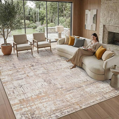 Rugxara 8x10 Modern Abstract Area Rugs,Large Soft Rugs for Living Room,Neutral Washable Rug,Beige Rugs for Bedroom Dining Room, Non-Slip Foldable Thin Indoor Carpet, Stain Resistant(Beige Grey)