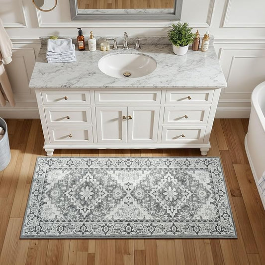 Lessymo 2 x 4 Entryway Rug, Machine Washable Area Rugs Boho Faux Wool Low Pile Area Rug for Bedroom, Floral Medallion Vintage Outdoor Rugs with Non-Slip Rubber, Grey Beige
