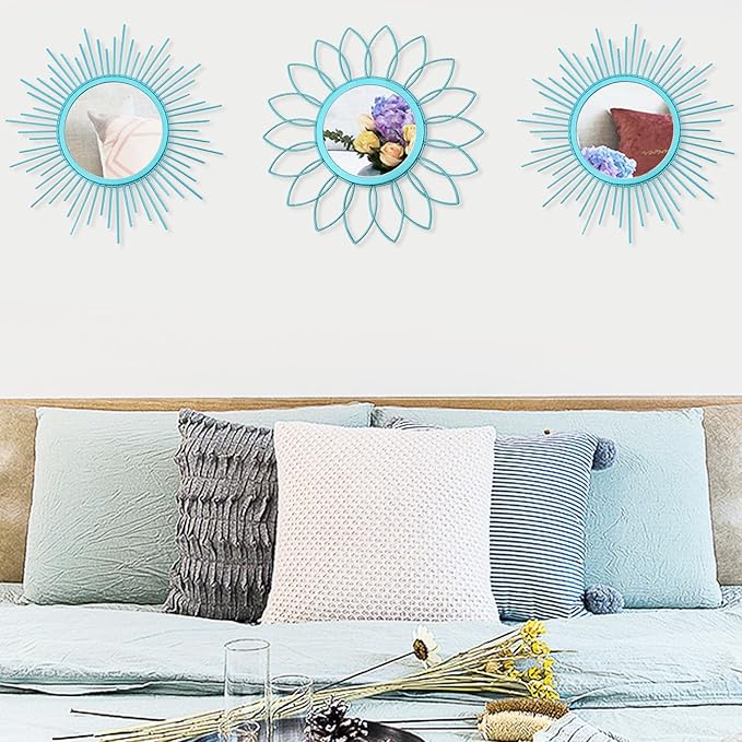 3 Pack Metal Mirrors for Wall Sunburst Wall Mirrors Home Décor Decorative Hanging Wall Art for Living Room Bedroom Entryway (Greenish Blue, Flower+Sunburst)
