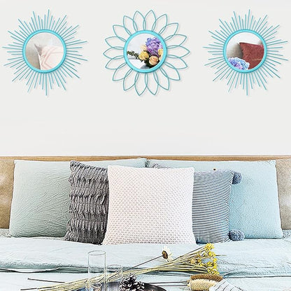 3 Pack Metal Mirrors for Wall Sunburst Wall Mirrors Home Décor Decorative Hanging Wall Art for Living Room Bedroom Entryway (Greenish Blue, Flower+Sunburst)