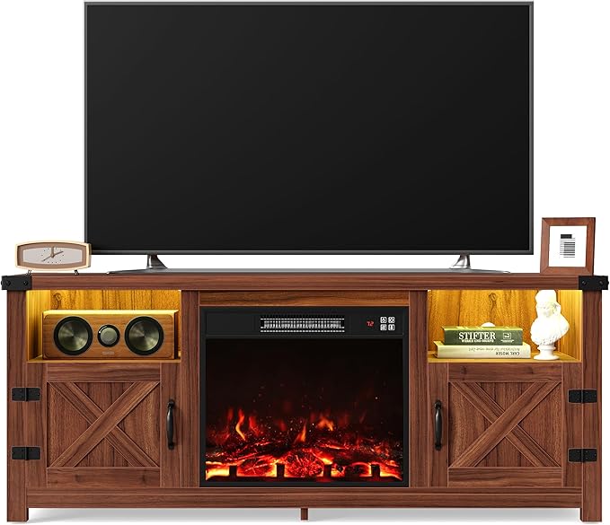 Furmax LED Entertainment Center with Fireplace, Fireplace TV Stand with Storage Cabinets and 2 Open Shelves, Modern Media TV Console for Living Room (Dark Brown)