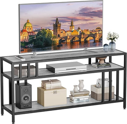 65'' TV Stand for Television up to 75 Inches, Entertainment Center with 3-Tier Open Storage Shelves, TV Media Console Table with Quadruple-Tube Support for Living Room, Grey