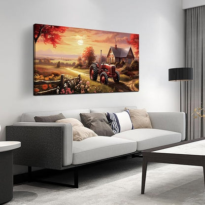 ANCXWOTER Canvas Wall Art Sunset Landscape Canvas Prints Vintage Red Tractor for Living Room Bedroom Office Home Decor Country Farmhouse Artwork 24x48 Inch