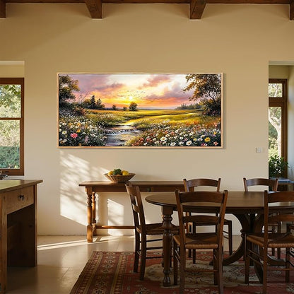 crmotu Extra Large Framed Wall Art for Living Room, Sunset Landscape Wall Art, Nature Wildflower Daisy Artwork, Country River Scenery Painting for Farmhouse Bedroom Dining Room Decor, 32"x71"