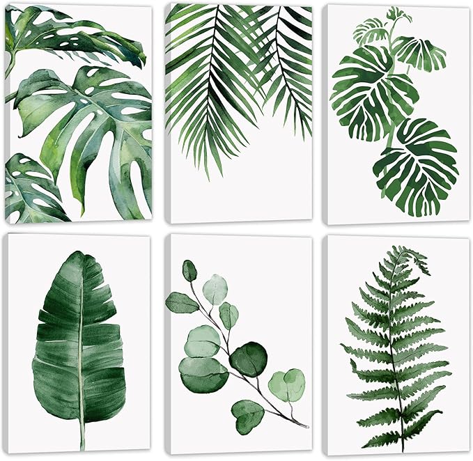 HoozGee Framed Botanical Wall Art Prints Built-in Wooden Frame Tropical Leaves Plant Leaf Canvas Print Wall Decor Green Wall Art Posters Bedroom Living Room Decor (12"x16" FRAMED)