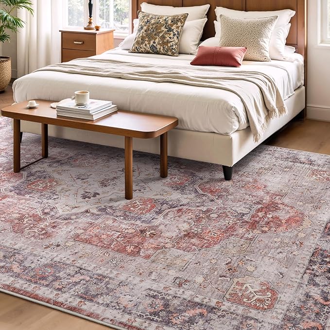 YOH Boho Washable Rug 6x9, Rust Red Vintage Non Slip Area Rug, Distressed Indoor Carpet for Living Room Bedroom Kitchen Office