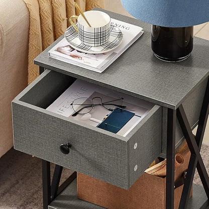 VECELO Night Stand Set of 2, End Tables with Drawer, 2-Tier Bedside Tables with X Shaped, Side Table Stand with Storage Shelf for Living Room/Bedroom,Dark Gray