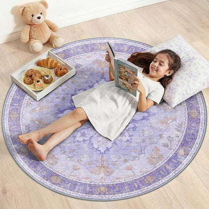 RELEANY Area Rugs Round 4ft Washable Non-Slip, Floral Vintage Distress Print Pattern Medallion Carpet for Living Room Bedroom Dining Room, Light Purple Brown