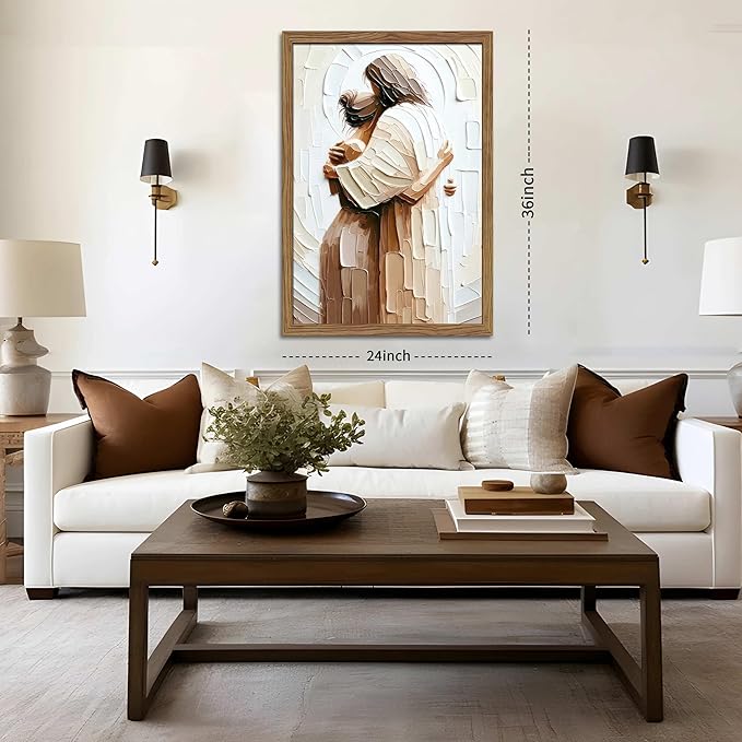 Wood Framed Jesus Embracing Woman Canvas Wall Art, Safe in His Arms Pictures Canvas Print Posters Wall Decor, Christian Wall Art Home Decor for Living & Prayer Room 24x36 inch