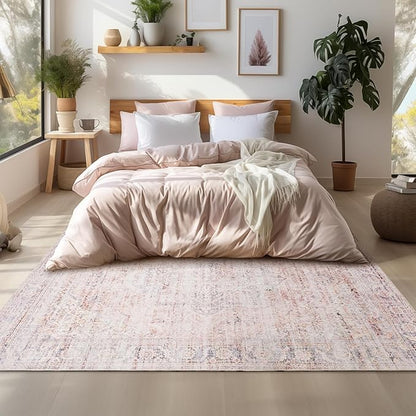 Large Living Room Rug 8x10 Machine Washable Pink Carpet for Bedroom Boho Vintage Area Rug Pink Floral Floor Covering Non Slip,Blush and Grey