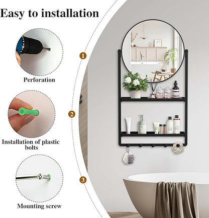 39.5" × 21.7" Black Round Wall Mirror with Shelf and Hooks, 10° Adjustable Tilt Metal Frame Bathroom Mirror with Shelf for Bedroom, Entryway, Living Room