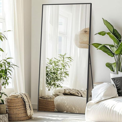 71"X32" Floor Mirror Full Length with Stand, Black Rectangle Large Free Standing Full Length Body Mirror for Gym Bedroom Living Room, Tempered Glass, Aluminum Alloy Frame