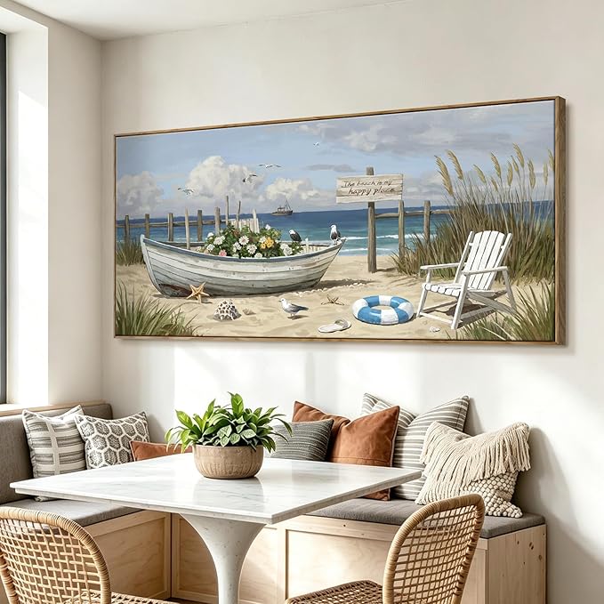 Large Framed Modern Nature Wall Art, Canvas Beach Coastal Landscape Print, Blue Ocean Seaside Decor Painting For Living Room Bedroom Office Dining Room Hallway, Ready To Hang 58X29 Inch