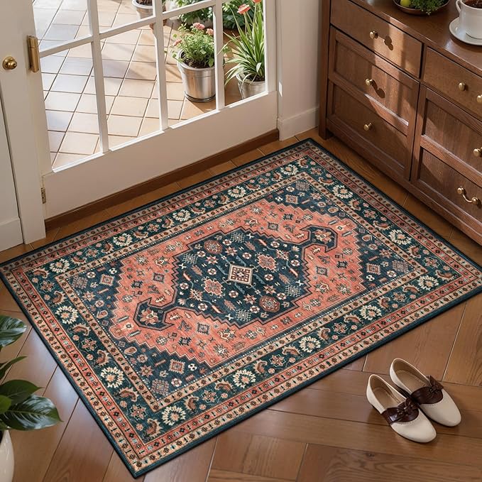 Tangsoo Oriental 2x3 Small Area Rugs for Entryway,Vintage Washable Indoor Door Rug,Non-Slip Soft Low Pile Small Throw Rug for Entry Bathroom Kitchen Bedroom Home Decor Red Blue