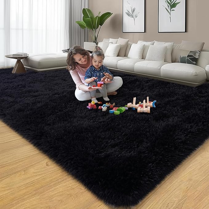 qulint Black Rug for Living Room, 10x14 Area Rug for Bedroom Soft Fluffy Large Carpet, Shag Shaggy Modern Alfombra para Sala for Boys and Girls Dorm Classroom Office Home Decor (10ft x 14ft, Black)