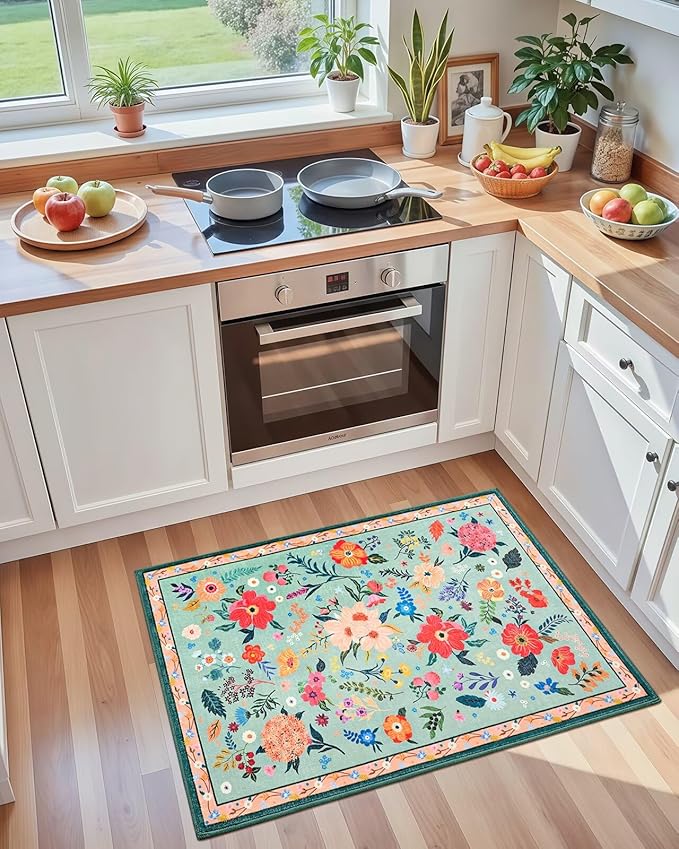Macgace 2x3 Small Floral Rug for Entryway, Flowers Printed Washable Rugs with Non Slip Backing for Girls Bedroom Kitchen, Cute Throw Carpet Front Door Entry Decor, Light Green