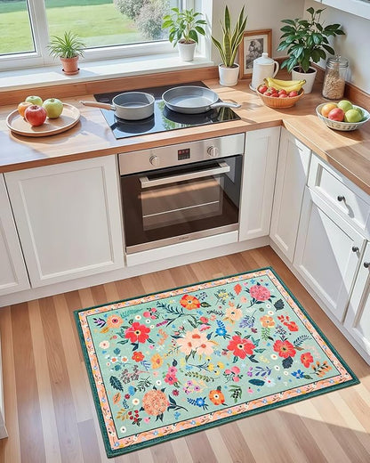 Macgace 2x3 Small Floral Rug for Entryway, Flowers Printed Washable Rugs with Non Slip Backing for Girls Bedroom Kitchen, Cute Throw Carpet Front Door Entry Decor, Light Green