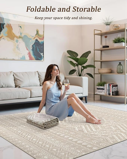 Miukiki 4x6 Area Rug for Living Room Moroccan Washable Rugs Non Slip Indoor Floor Carpet Foldable Large Soft Area Rug for Dining Room Bedroom with Low Pile(Brown,4'x6')