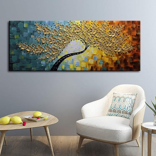 YaSheng Art -Large Wall Art ,100% Hand Painted Gold Flowers Contemporary Art Oil Painting,3D Wall Art Texture Floral Tree Paintings, Wall Art for living room Bedroom Office Wall Deco Home, Abstract Canvas Art Paintings Framed Wall Art Pictures 60 by24 ...