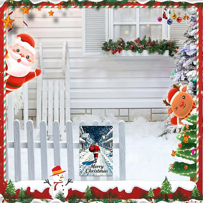 Vintage Christmas Metal Wall Decor Decorations Outdoor - 12x8 Inches Retro Santa Claus Snow Town Sign for Home Kitchen Holiday Gathering Spaces.