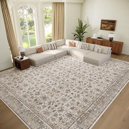 Washable 10x14 Area Rugs for Living Room, Boho Non-Slip Vintage Distress Large Rugs for Bedroom Dining Room Office, 0.3" Neutral Oriental Throw Thin Carpet,Cream/Blue/Orange/Multi,A2