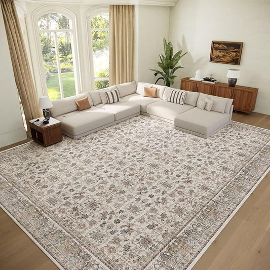 Washable 9x12 Area Rugs for Living Room, Boho Non-Slip Vintage Distress Lager Rugs for Bedroom Dining Room Nursery Office, 0.3" Neutral Oriental Throw Thin Carpet,Cream/Blue/Orange/Multi,A2