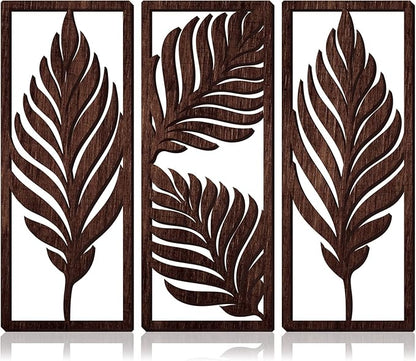 3 Pcs Palm Leaves Wooden Art Wall Decor 14.57 x 5.79 Inch Boho Wood Leaves Plant Wall Accent Vintage Tropical Plant Plaque for Home Bathroom Living Room Bedroom Office Decoration