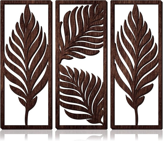 3 Pcs Palm Leaves Wooden Art Wall Decor 14.57 x 5.79 Inch Boho Wood Leaves Plant Wall Accent Vintage Tropical Plant Plaque for Home Bathroom Living Room Bedroom Office Decoration