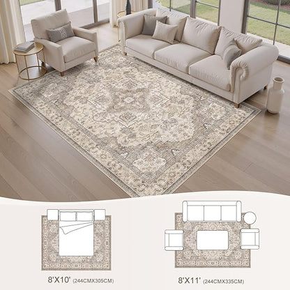 EIEIHOUSE Washable Area Rugs for Living Room - 8x10 Neutral Vintage Distressed Floral Farmhouse Boho Large Soft Floor Rug Indoor Non Slip Carpet for Bedroom Dining Room Office - Brown/Multi