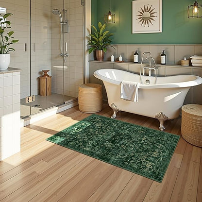 Dark Green 2x4 Runner Rug for Hallways Bed Side Kitchen, Boho Washable Distressed Low-Pile Floor Entryway Long Bathroom Mat, Non-Slip Laundry Room Washstand Front Carpet Green 24x48 Inch