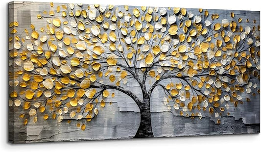 crmotu Tree of Life Large Wall Art, Neutral Golden Tree Canvas Art Prints, Gray and Gold Modern Home Decor Aesthetic Painting, Abstract Pictures Wall Decor Living Room Bedroom Bathroom Office 20"X40"