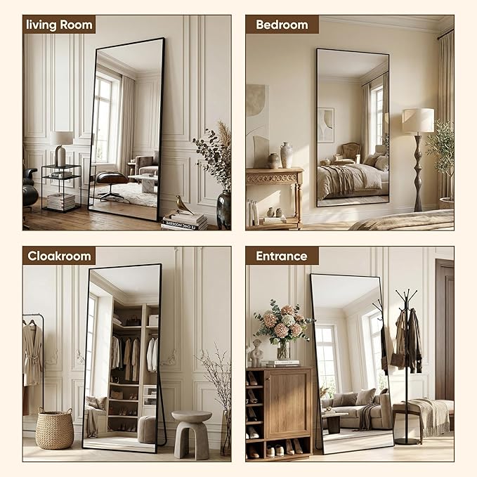 Antok 78''x38'' Full Length Mirror, Shatterproof HD Oversized Floor Mirror with Stand, Aluminum Alloy Frame Leaning Standing or Wall Mounted Mirror for Bedroom Living Room Entryway, Black