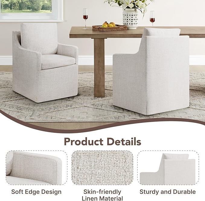 KISLOT Upholstered Dining Chairs Set of 1, Modern Dining Room Chairs with Casters & Washable Cover, Rolling Accent Chair with Hidden Storage for Kitchen, Farmhouse, Living Room, Linen Fabric, 1 Box