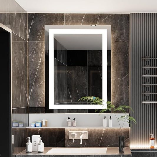 18 * 24inchesLED Mirror, Smart Bathroom Mirror with Lights, Anti-Fog, Tempered Glass, 3 Colors Dimmable, Front and Backlit, CRI 90+, Wall Mounted, Memory