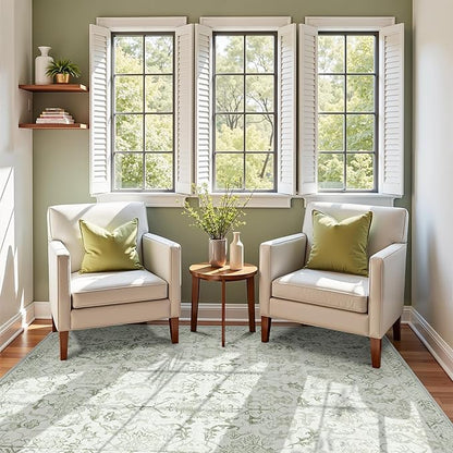 Sage Vintage Area Rug 4x6 for Living Room Bedroom, Washable Distressed Farmhouse Soft Thin Non-Shedding Indoor Throw Rug, Traditional Accent Carpet for Bedroom Office
