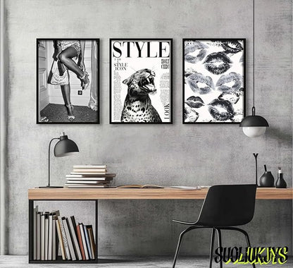 3Pcs Trendy Black and White Leopard Canvas Wall Art Vintage Newspeper Cheetah Wall Decor Fashion Girl Poster Heels Lips Picture Luxury Feminist Painting Print Poster Artwork for Apartment Dorm 24x16in Unframe